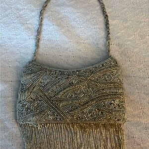 Cache Silver Beaded Evening Bag with Fringe